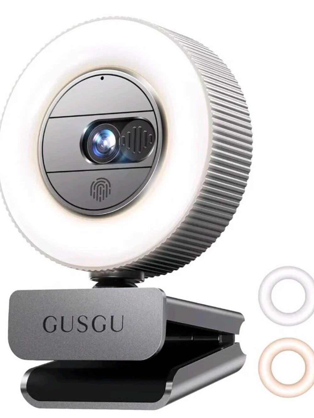 GUSGU Ring Light Webcam with Clip - Silver & White